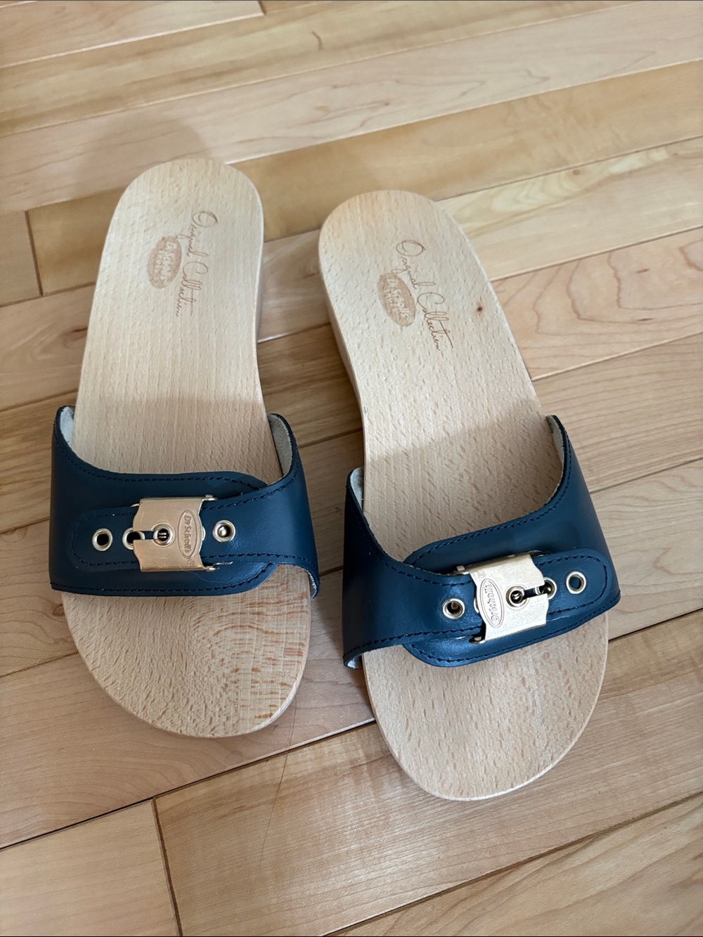 Dr. Scholl's Navy Blue Leather Slide Sandals with Gold Accent
